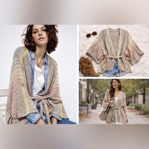 Free People Sand Art Kimono Sweater S Neutral Boho Belted Cardigan Festival Cozy